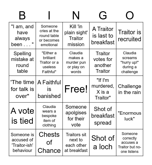 Celebrity Traitors Bigno Bingo Card