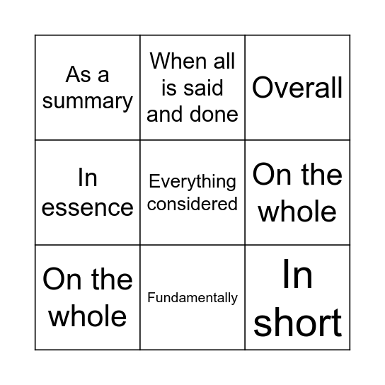 Concluding / Summarizing Bingo Card