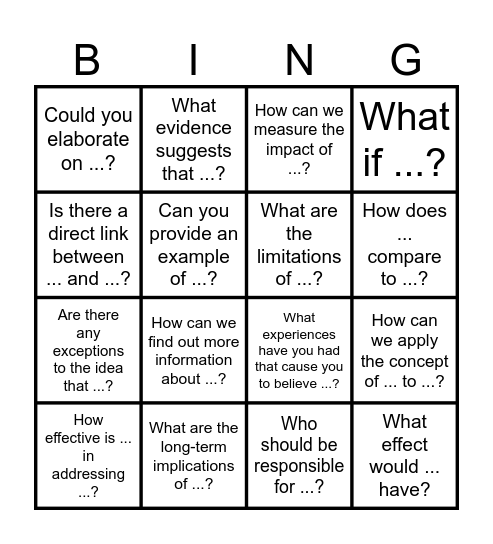 Question Stem BINGO Card