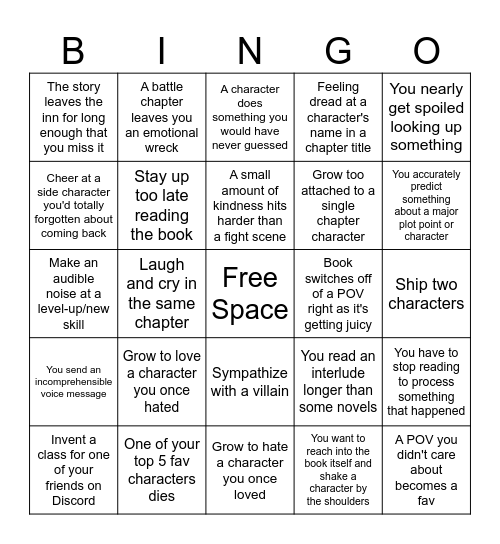Quail's Wandering Inn Journey Bingo Card