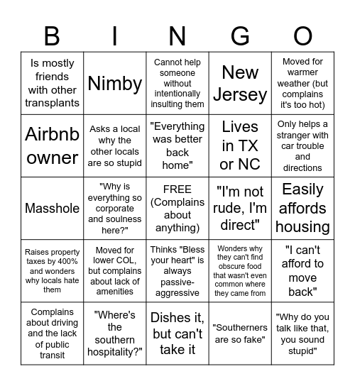 Carpetbagger Bingo Card