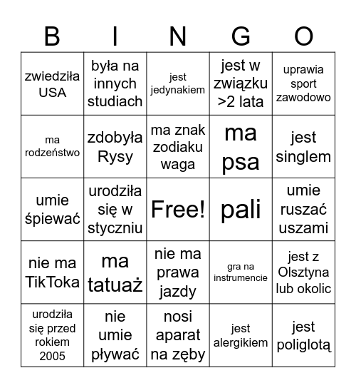 Znajdź osobę która... Bingo Card