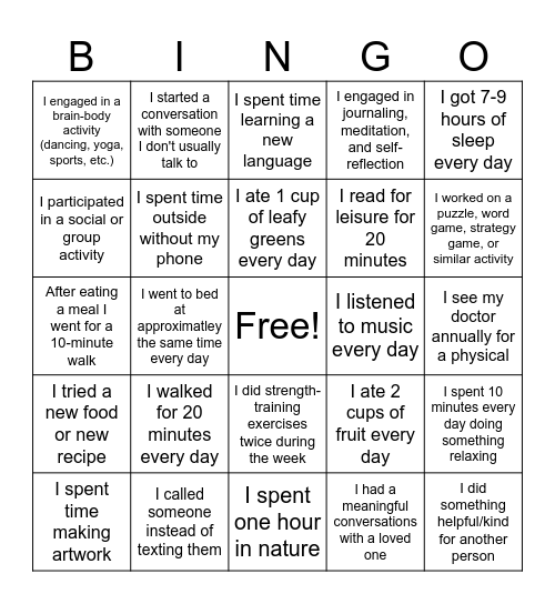 Brain Health Bingo Card