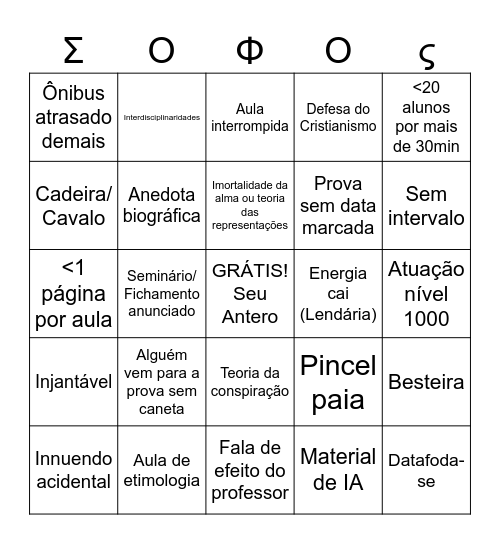 Bingo das aulas de filosofia obrigatórias Bingo Card