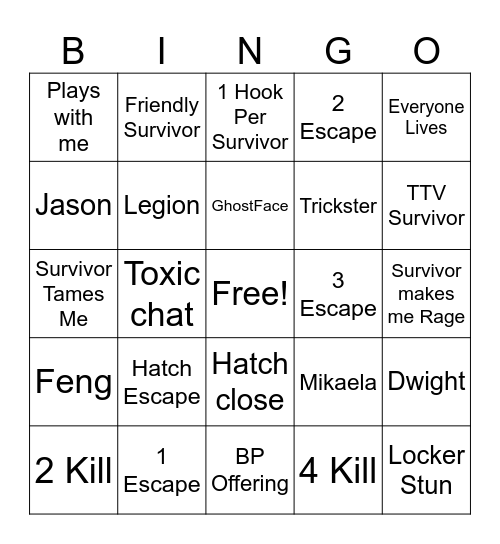 DBD K Bingo Card