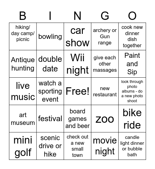 Date Nights Bingo Card
