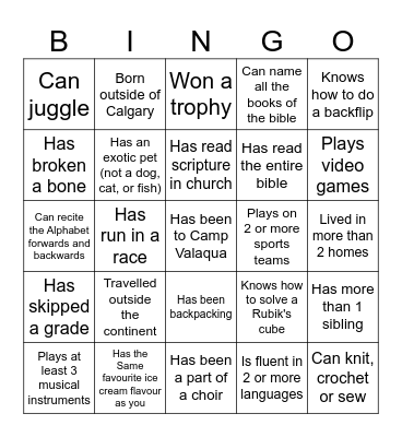 Youth Bingo Card