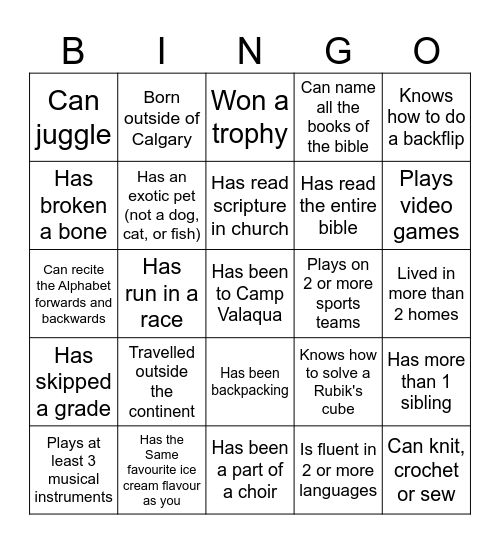 Youth Bingo Card