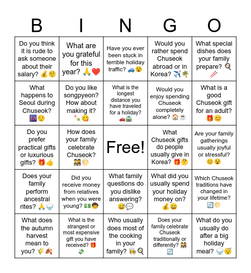 Chuseok Conversation Bingo Card