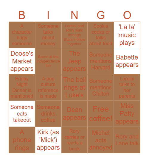 Gilmore Girls Pilot Episode Bingo Card