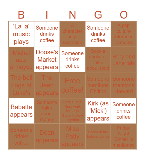 Gilmore Girls Pilot Episode Bingo Card
