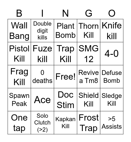 Rainbow 6 Bingo Card