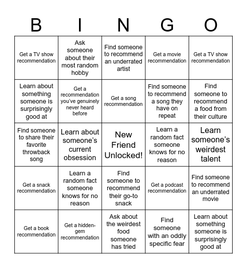 Speed friending Bingo Card