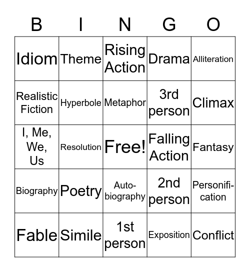 Figurative Language Bingo Card