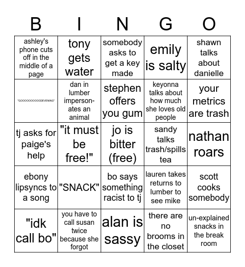 Home Depot Cashier Bingo Card