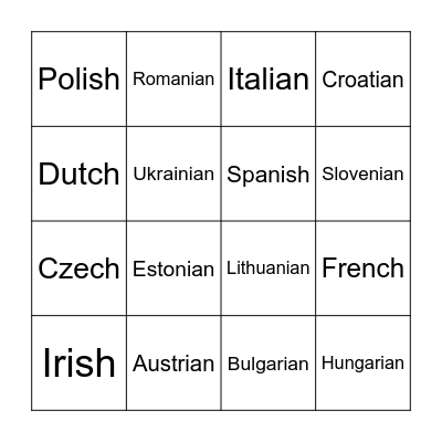 Countries and adjectives Bingo Card