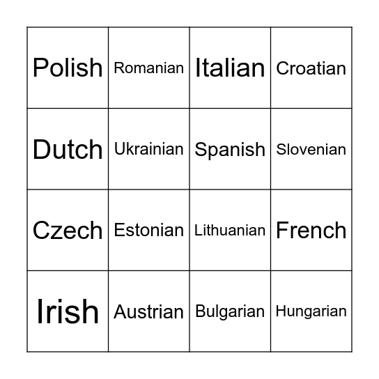 Countries and adjectives Bingo Card