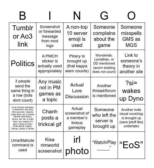 PMCH Lore Thread Bingo Card