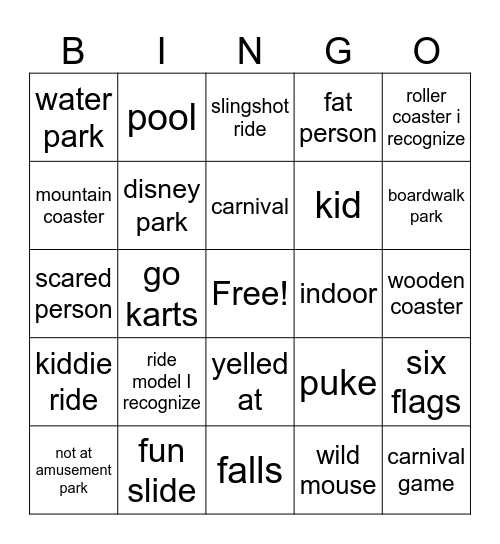 Amusement park fail bingo Card