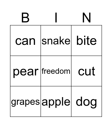 B words Bingo Card