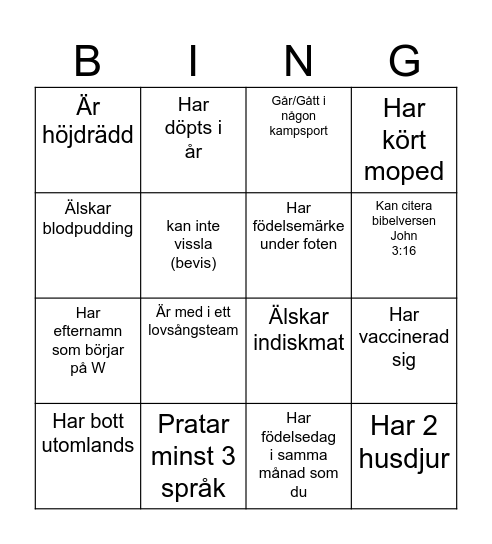 Namn: Bingo Card