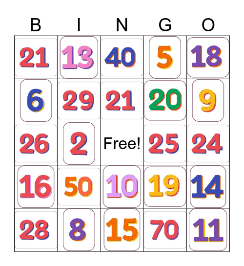 Numbers Bingo Card