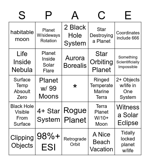 Space engine bingo card Bingo Card