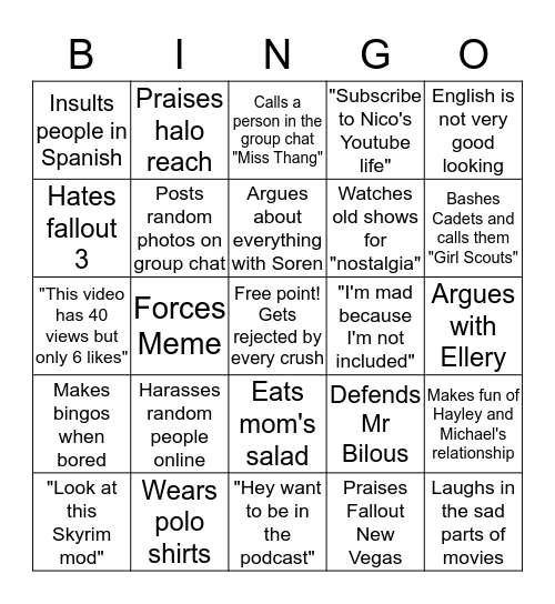 Honest Nico  Bingo Card