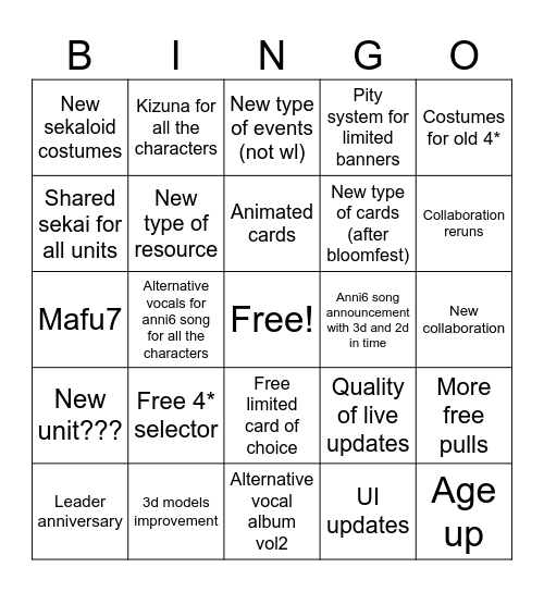 Prsk anni6 stream bingo Card