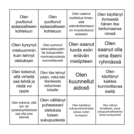 Yhdenvertaisuusbingo Card
