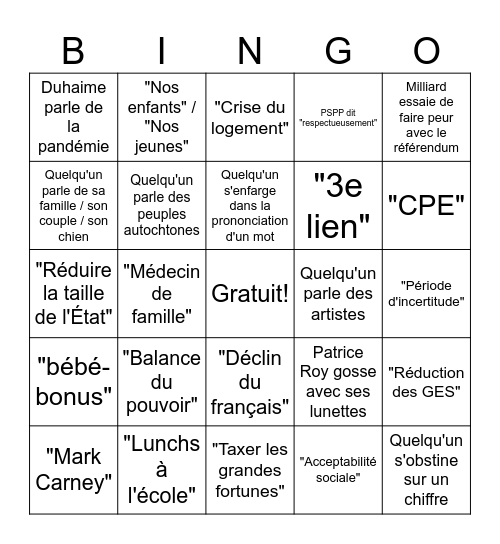 Débat des chefs Radio-Canada 2026 Bingo Card