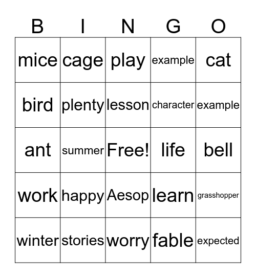 Aesop's Fables Bingo Card