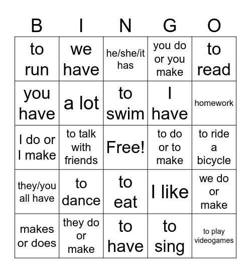 Verbos y Gustar Bingo Card