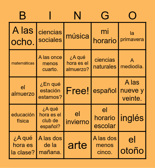 El horario (y las estaciones) Bingo Card