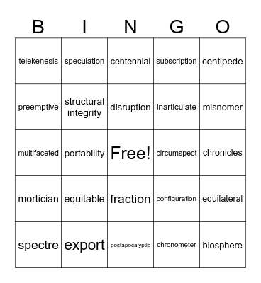 Vocabulary Bingo Card