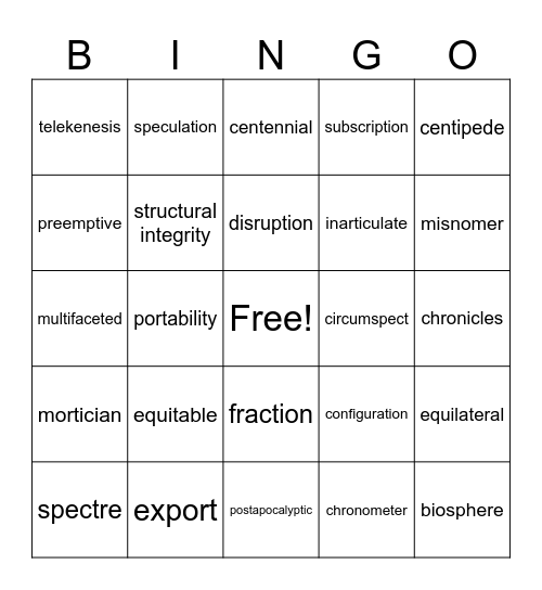 Vocabulary Bingo Card