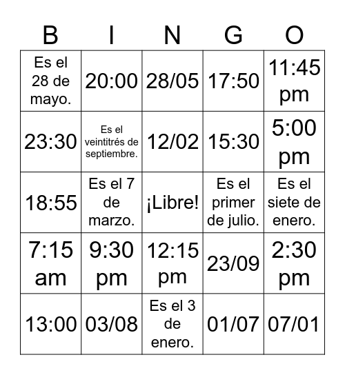 Fechas y horas Bingo Card