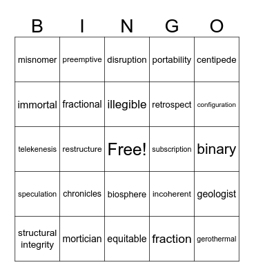 Vocabulary Bingo Card