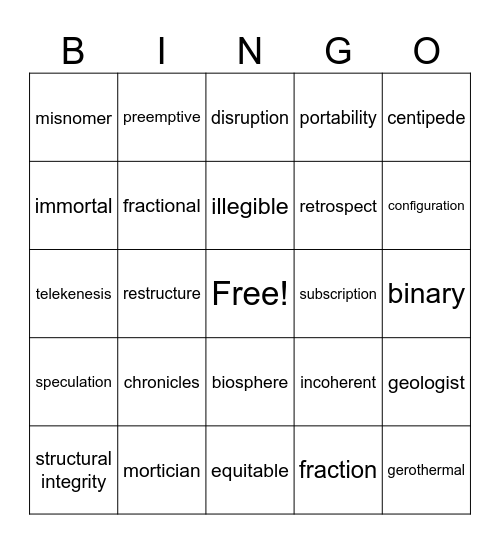 Vocabulary Bingo Card