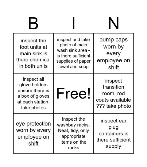 Racking Inspection BINGO Card