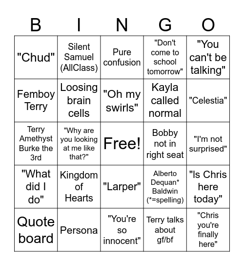 5th period Bingo card V1 Bingo Card