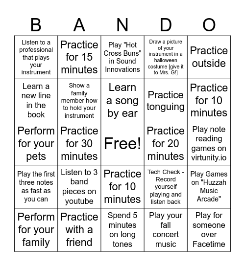 Fall Break BANDO Bingo Card