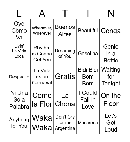 Hispanic Heritage Month Songs! Bingo Card