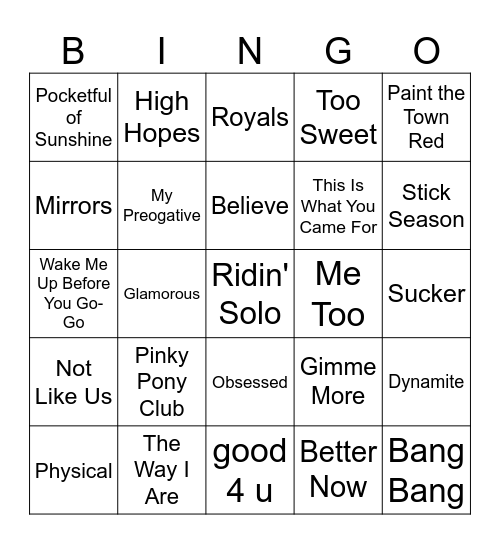 Pop Music Bingo #2 Bingo Card