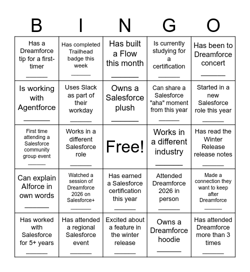Salesforce Dreamforce and Winter Release Bingo Card