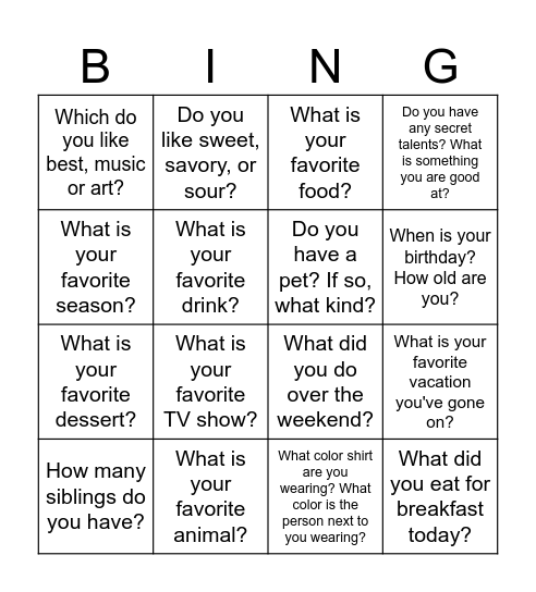 Asking and Answering Questions Bingo Card