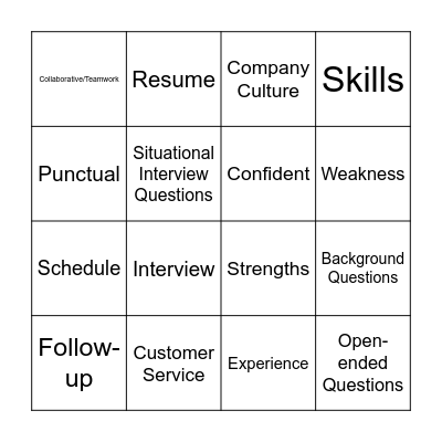 N.E.E.D.S. Employment Interview Vocab Bingo Card