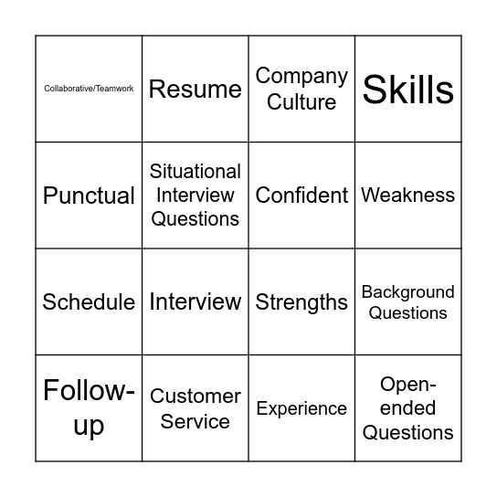 N.E.E.D.S. Employment Interview Vocab Bingo Card