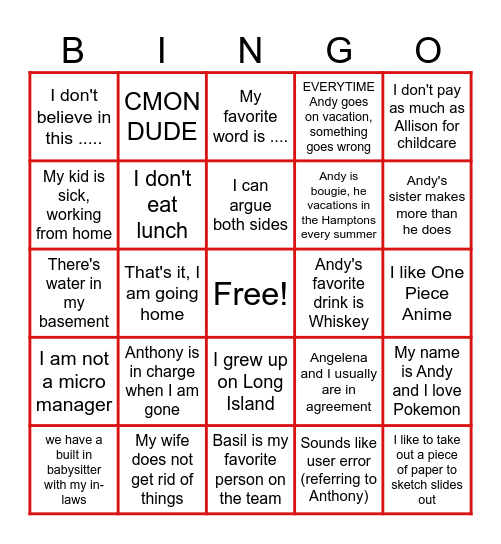 Andy's going away zoom Bingo Card