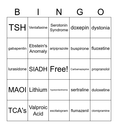 Psychopharm Review Bingo Card
